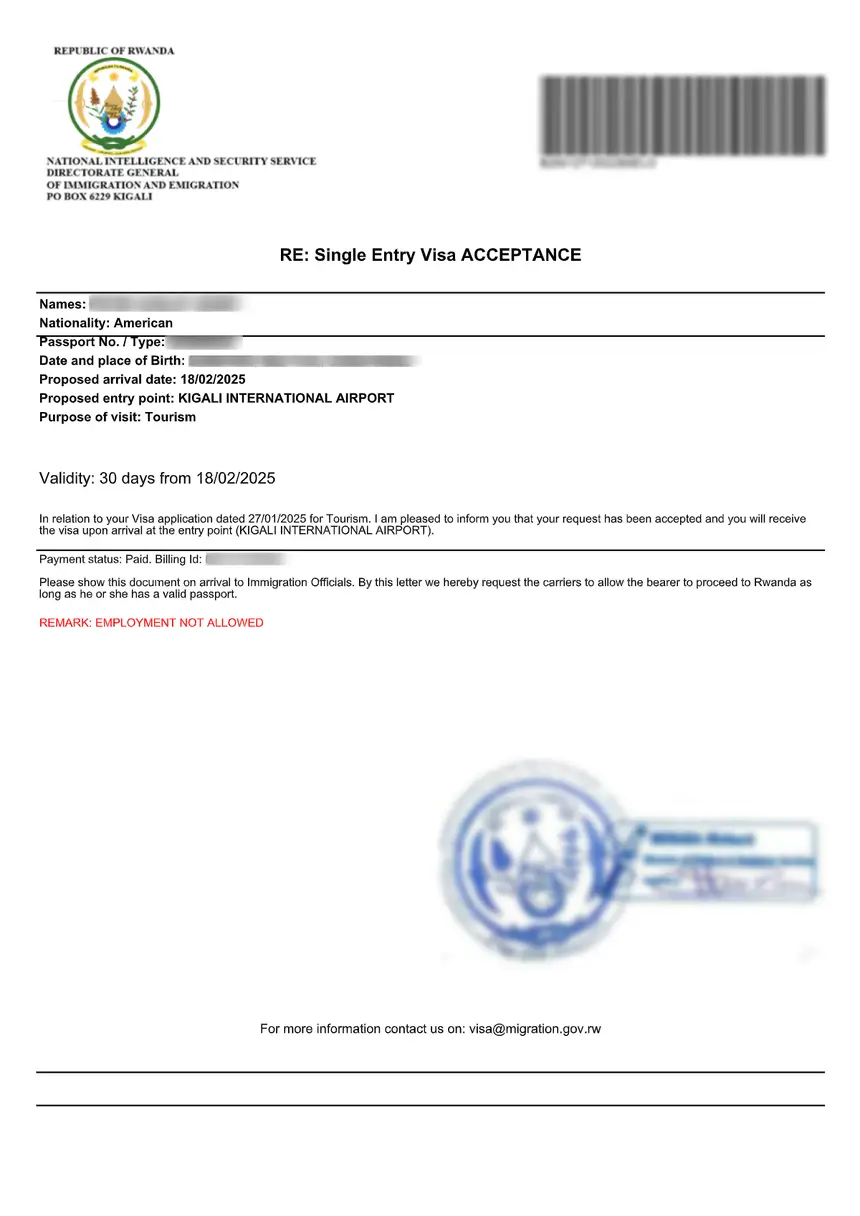 Example of a&nbsp;Rwanda e-Visa document